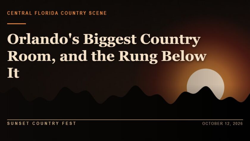Illustrated amber sunset glowing behind a black pine treeline, with a cream headline about Orlando country music venues across the shaded left side and the Sunset Country Fest wordmark along the bottom.